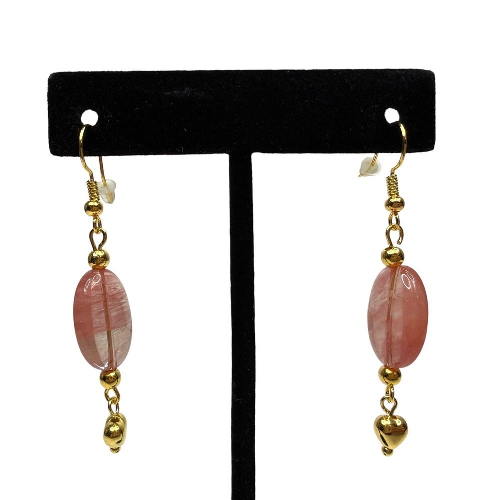 Coral Quartz Glass Crystal Gold Heart Dangle Earrings Gold Tone Jewelry 2 in